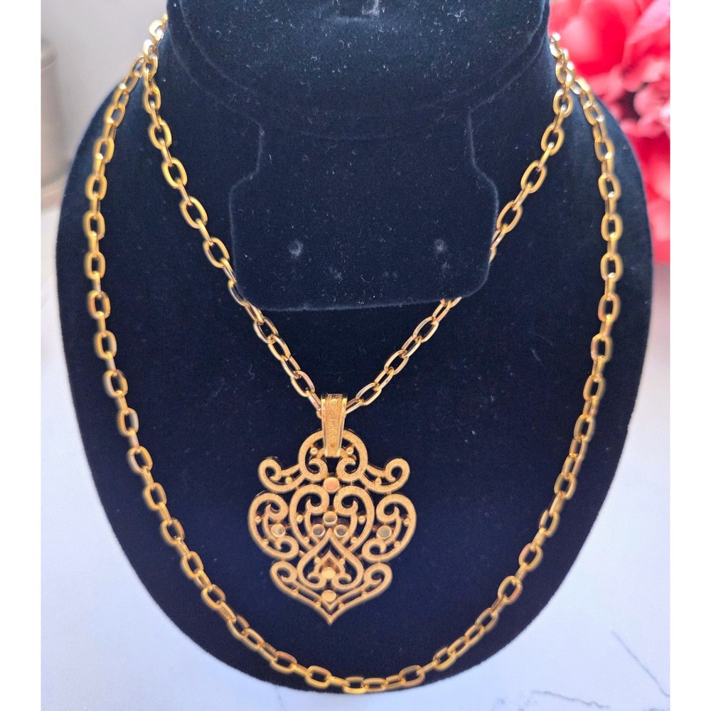 VTG Trifari Gold Tone Filigree Scroll Pendant 2 Strand Necklace MCM Collector